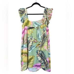 NWT Aqua Bloomingdales Linen Blend Green Tropical Baby Doll Ruffle Dress Size M